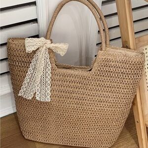 Large Woven Straw Tote Bag Boho Beach Shoulder Bag w Lace Bow